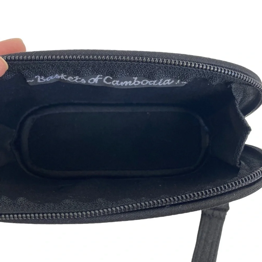 Baskets of Cambodia Woven Wristlet Make Up Bag Mini Coin Purse Black Cream OS